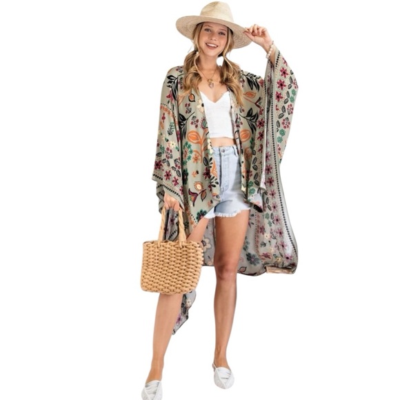 Easel Longline Floral Boho Lightweight Crinkle Oversized Poncho Style Kimono - Picture 2 of 13